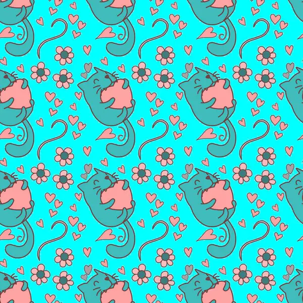 Sevgililer Günü 'nü seven el çizimi sevimli kedi, kusursuz desen, arka plan, çizgi film, baskı, sanat