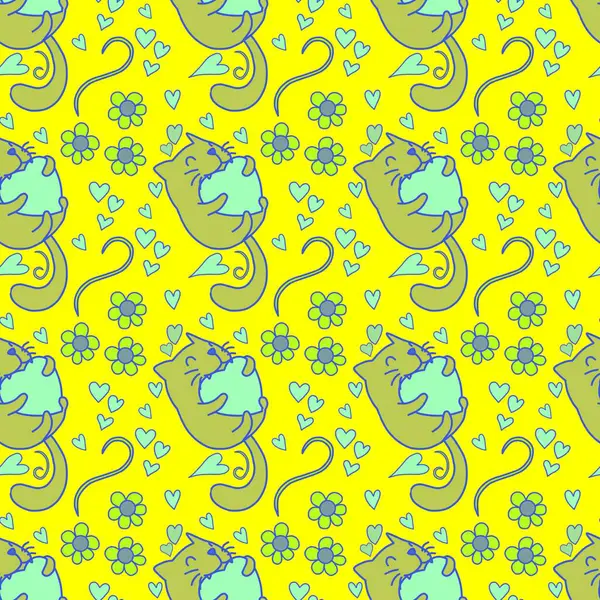 Sevgililer Günü 'nü seven el çizimi sevimli kedi, kusursuz desen, arka plan, çizgi film, baskı, sanat