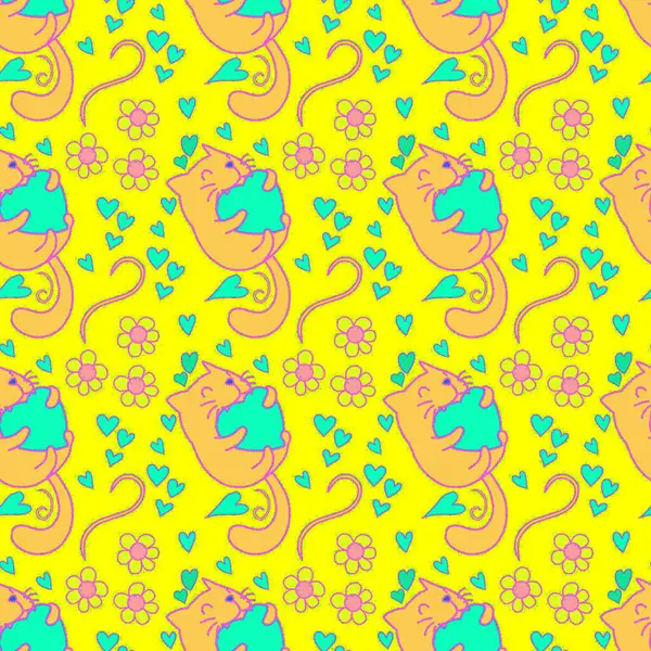 Sevgililer Günü 'nü seven el çizimi sevimli kedi, kusursuz desen, arka plan, çizgi film, baskı, sanat