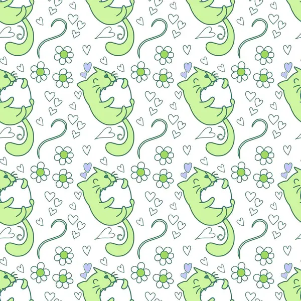 Sevgililer Günü 'nü seven el çizimi sevimli kedi, kusursuz desen, arka plan, çizgi film, baskı, sanat