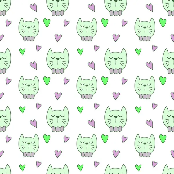 Hand drawn cute cat with loves for Valentine's Day, seamless pattern, background, cartoon, print, art