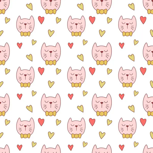 Sevgililer Günü 'nü seven el çizimi sevimli kedi, kusursuz desen, arka plan, çizgi film, baskı, sanat