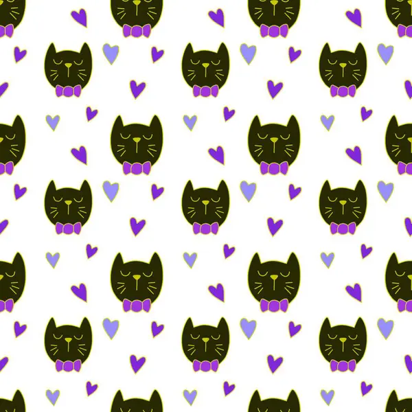 Sevgililer Günü 'nü seven el çizimi sevimli kedi, kusursuz desen, arka plan, çizgi film, baskı, sanat