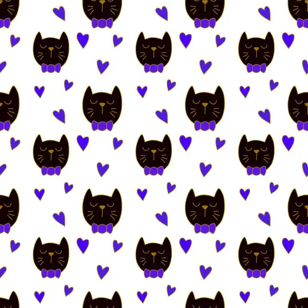 Sevgililer Günü 'nü seven el çizimi sevimli kedi, kusursuz desen, arka plan, çizgi film, baskı, sanat