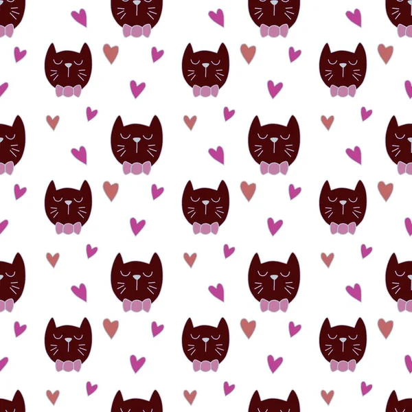 Sevgililer Günü 'nü seven el çizimi sevimli kedi, kusursuz desen, arka plan, çizgi film, baskı, sanat