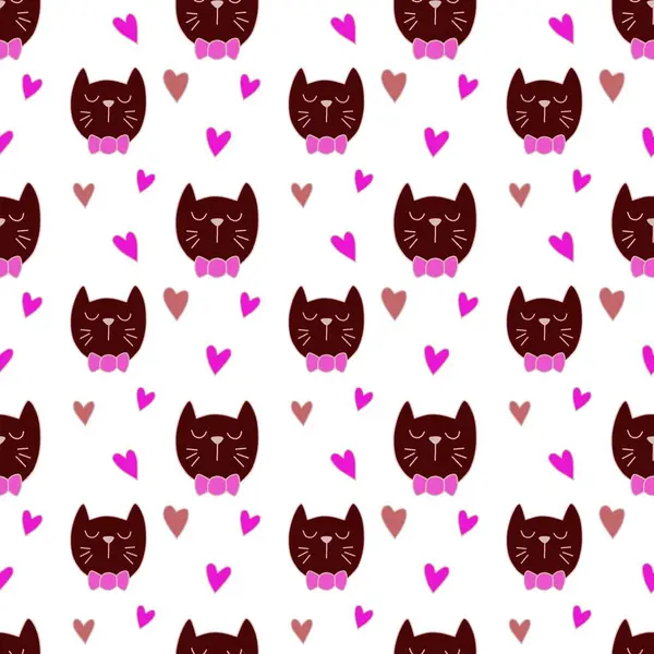 Hand drawn cute cat with loves for Valentine\'s Day, seamless pattern, background, cartoon, print, art