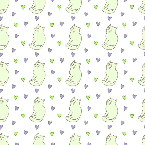 Sevgililer Günü 'nü seven el çizimi sevimli kedi, kusursuz desen, arka plan, çizgi film, baskı, sanat