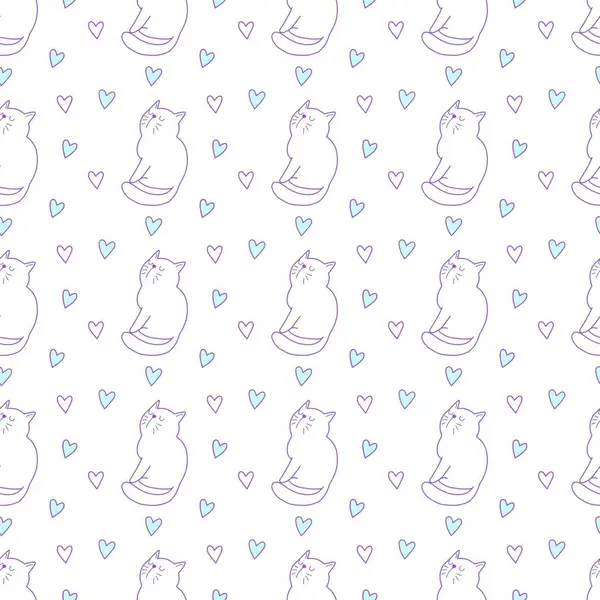Sevgililer Günü 'nü seven el çizimi sevimli kedi, kusursuz desen, arka plan, çizgi film, baskı, sanat