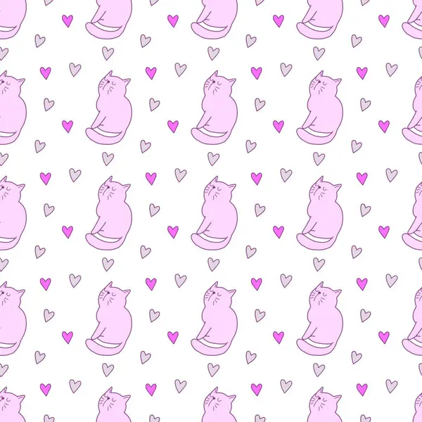 Sevgililer Günü 'nü seven el çizimi sevimli kedi, kusursuz desen, arka plan, çizgi film, baskı, sanat