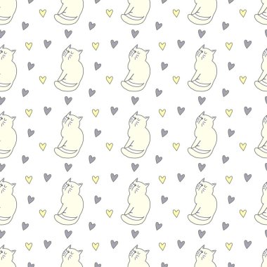 Sevgililer Günü 'nü seven el çizimi sevimli kedi, kusursuz desen, arka plan, çizgi film, baskı, sanat