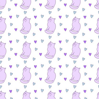 Sevgililer Günü 'nü seven el çizimi sevimli kedi, kusursuz desen, arka plan, çizgi film, baskı, sanat
