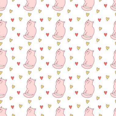 Sevgililer Günü 'nü seven el çizimi sevimli kedi, kusursuz desen, arka plan, çizgi film, baskı, sanat