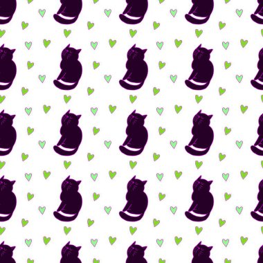 Sevgililer Günü 'nü seven el çizimi sevimli kedi, kusursuz desen, arka plan, çizgi film, baskı, sanat