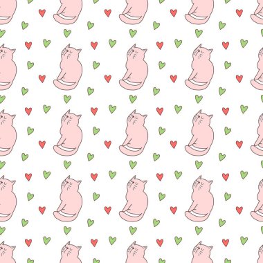 Sevgililer Günü 'nü seven el çizimi sevimli kedi, kusursuz desen, arka plan, çizgi film, baskı, sanat