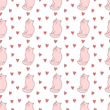 Sevgililer Günü 'nü seven el çizimi sevimli kedi, kusursuz desen, arka plan, çizgi film, baskı, sanat