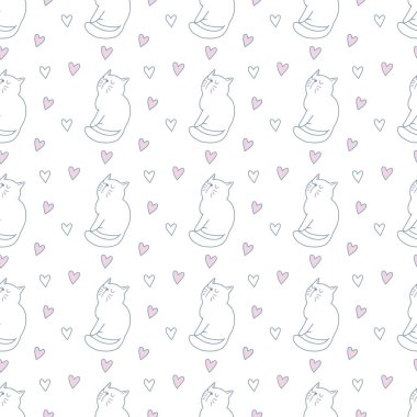 Sevgililer Günü 'nü seven el çizimi sevimli kedi, kusursuz desen, arka plan, çizgi film, baskı, sanat