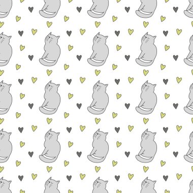 Sevgililer Günü 'nü seven el çizimi sevimli kedi, kusursuz desen, arka plan, çizgi film, baskı, sanat