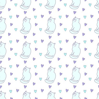 Sevgililer Günü 'nü seven el çizimi sevimli kedi, kusursuz desen, arka plan, çizgi film, baskı, sanat