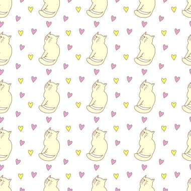 Sevgililer Günü 'nü seven el çizimi sevimli kedi, kusursuz desen, arka plan, çizgi film, baskı, sanat