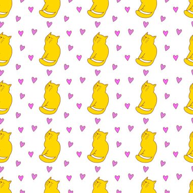 Sevgililer Günü 'nü seven el çizimi sevimli kedi, kusursuz desen, arka plan, çizgi film, baskı, sanat