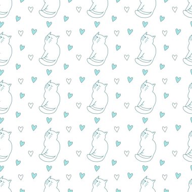 Sevgililer Günü 'nü seven el çizimi sevimli kedi, kusursuz desen, arka plan, çizgi film, baskı, sanat