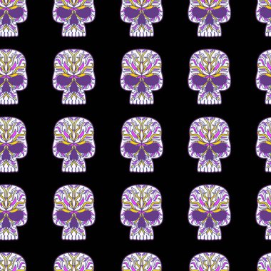 Elle çizilmiş kafatası deseni, tekrarlanan desen, arka plan tasarımı, duvar kağıdı, ambalaj, baskı, sanat.