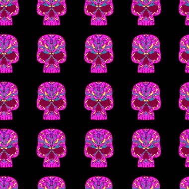 Elle çizilmiş kafatası deseni, tekrarlanan desen, arka plan tasarımı, duvar kağıdı, ambalaj, baskı, sanat.