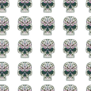 Elle çizilmiş kafatası deseni, tekrarlanan desen, arka plan tasarımı, duvar kağıdı, ambalaj, baskı, sanat.