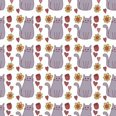 Sevgililer Günü 'nü seven el çizimi sevimli kedi, kusursuz desen, arka plan, çizgi film, baskı, sanat