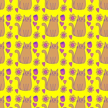 Sevgililer Günü 'nü seven el çizimi sevimli kedi, kusursuz desen, arka plan, çizgi film, baskı, sanat