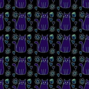 Sevgililer Günü 'nü seven el çizimi sevimli kedi, kusursuz desen, arka plan, çizgi film, baskı, sanat