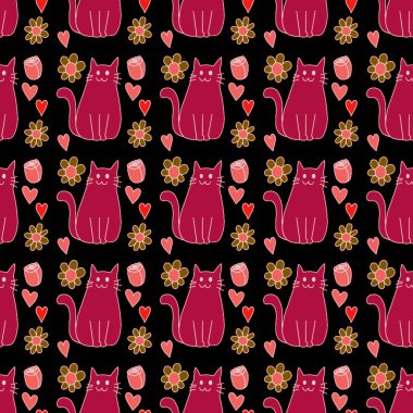 Sevgililer Günü 'nü seven el çizimi sevimli kedi, kusursuz desen, arka plan, çizgi film, baskı, sanat