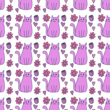 Sevgililer Günü 'nü seven el çizimi sevimli kedi, kusursuz desen, arka plan, çizgi film, baskı, sanat