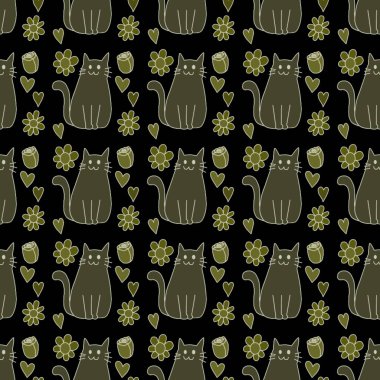 Sevgililer Günü 'nü seven el çizimi sevimli kedi, kusursuz desen, arka plan, çizgi film, baskı, sanat