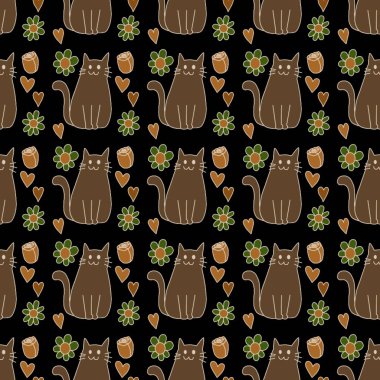 Sevgililer Günü 'nü seven el çizimi sevimli kedi, kusursuz desen, arka plan, çizgi film, baskı, sanat