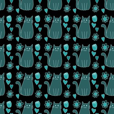 Sevgililer Günü 'nü seven el çizimi sevimli kedi, kusursuz desen, arka plan, çizgi film, baskı, sanat