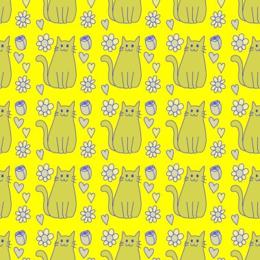 Sevgililer Günü 'nü seven el çizimi sevimli kedi, kusursuz desen, arka plan, çizgi film, baskı, sanat