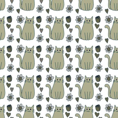 Sevgililer Günü 'nü seven el çizimi sevimli kedi, kusursuz desen, arka plan, çizgi film, baskı, sanat