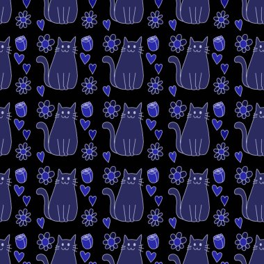 Sevgililer Günü 'nü seven el çizimi sevimli kedi, kusursuz desen, arka plan, çizgi film, baskı, sanat