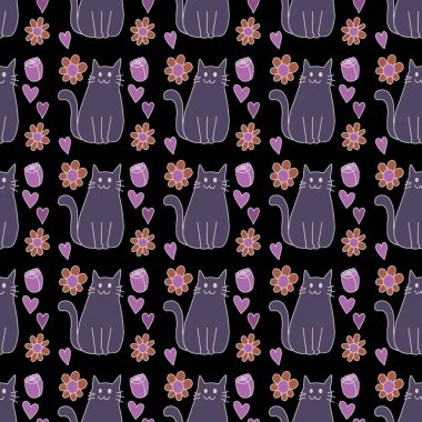 Sevgililer Günü 'nü seven el çizimi sevimli kedi, kusursuz desen, arka plan, çizgi film, baskı, sanat