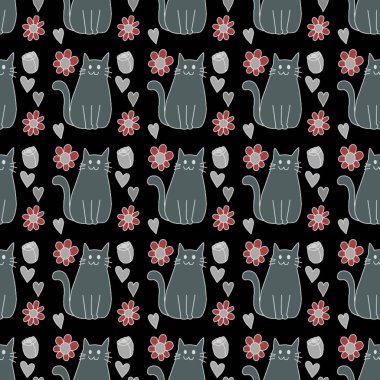 Sevgililer Günü 'nü seven el çizimi sevimli kedi, kusursuz desen, arka plan, çizgi film, baskı, sanat