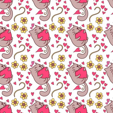 Sevgililer Günü 'nü seven el çizimi sevimli kedi, kusursuz desen, arka plan, çizgi film, baskı, sanat