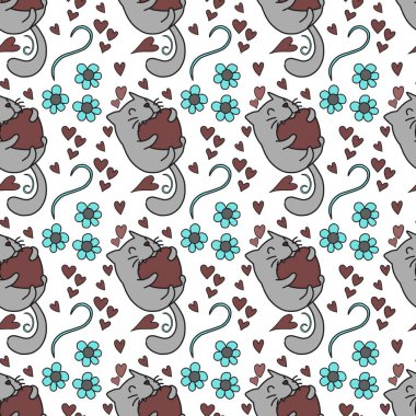Sevgililer Günü 'nü seven el çizimi sevimli kedi, kusursuz desen, arka plan, çizgi film, baskı, sanat