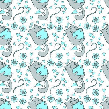 Sevgililer Günü 'nü seven el çizimi sevimli kedi, kusursuz desen, arka plan, çizgi film, baskı, sanat