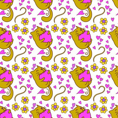 Sevgililer Günü 'nü seven el çizimi sevimli kedi, kusursuz desen, arka plan, çizgi film, baskı, sanat