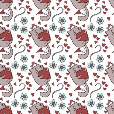 Sevgililer Günü 'nü seven el çizimi sevimli kedi, kusursuz desen, arka plan, çizgi film, baskı, sanat