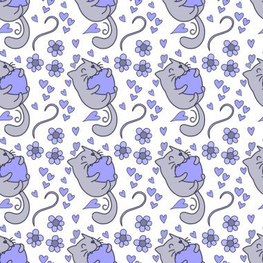 Sevgililer Günü 'nü seven el çizimi sevimli kedi, kusursuz desen, arka plan, çizgi film, baskı, sanat