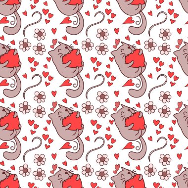 Sevgililer Günü 'nü seven el çizimi sevimli kedi, kusursuz desen, arka plan, çizgi film, baskı, sanat