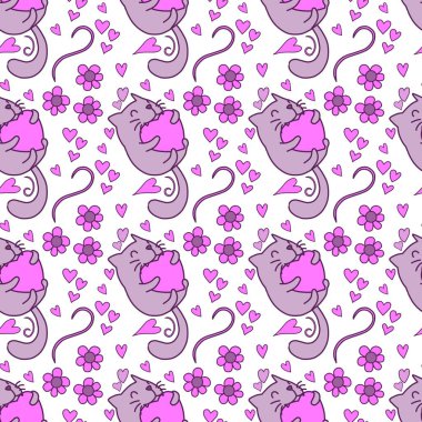 Sevgililer Günü 'nü seven el çizimi sevimli kedi, kusursuz desen, arka plan, çizgi film, baskı, sanat