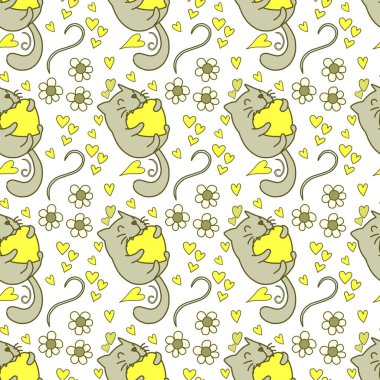 Sevgililer Günü 'nü seven el çizimi sevimli kedi, kusursuz desen, arka plan, çizgi film, baskı, sanat